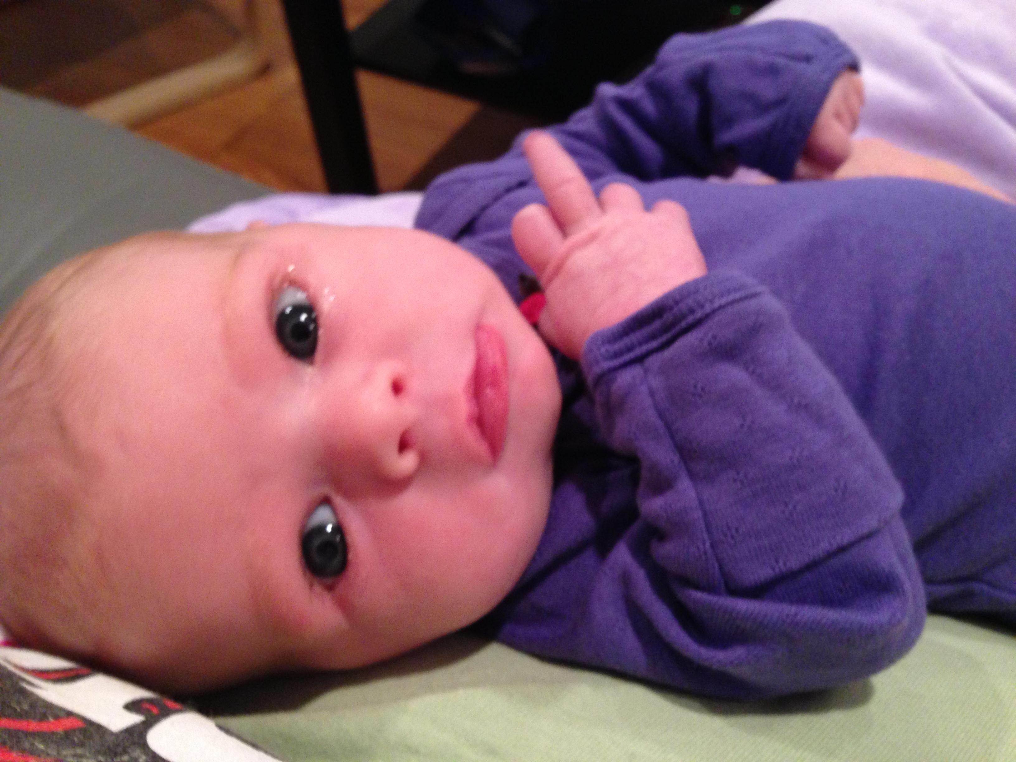 My granddaughter, Lilla Keshet Graur, gives ENCODE the finger (2013)